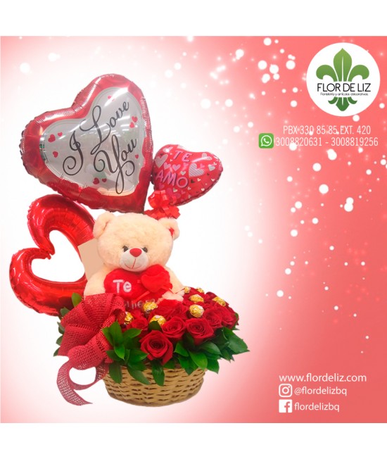 AMOR VERDADERO I EN ROSAS ROJAS +CAJA FERRERO+GLOBO PEQ.+3 GLOBOS